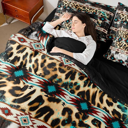 Erosebridal Aztec 7 Piece Bedding Set Twin Leopard Print Comforter Set with Sheets Cowhide Exotic Fur Ink Splash Cheetah Ethnic Bed in A Bag Beige Green Bed Sets