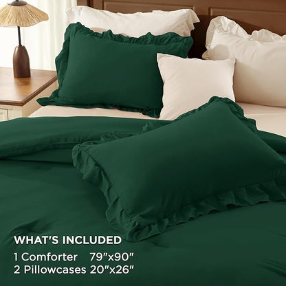 Andency Dark Green Ruffle Comforter Full Set, 3pcs Vintage Farmhouse Shabby Chic Bedding Comforter Set, Soft Lightweight Fluffy Bed Comforter Sets All Season Bedding Set