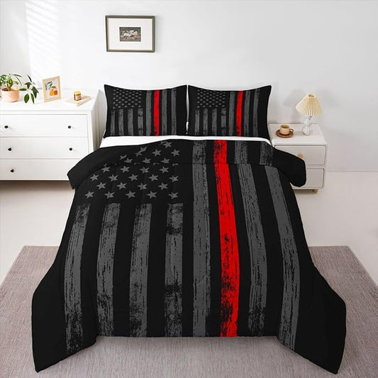 Erosebridal American Flag Comforter Set Twin Black Grey Red Line Flag Bedding Set for Men Boys Kids Girls Novelty Star Stripe Down Comforter Retro Vintage Flags Bedding Sets & Collections
