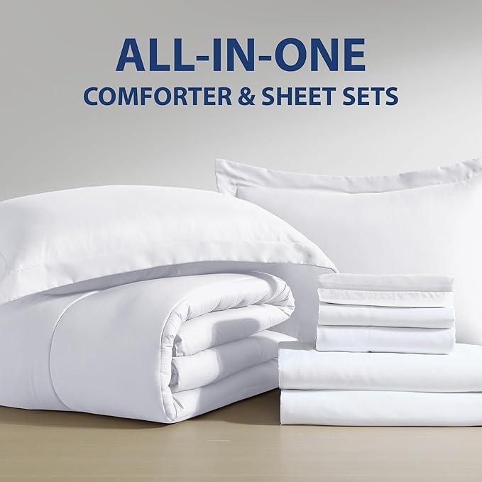 Cathay Home Basic Bedding Home Essential Ultra Soft Lightweight 8PC Wrinkle Resistant Microfiber Bed in a Bag Set (Includes Complete Sheet Set, Comforter Set & Bedskirt) - King, White