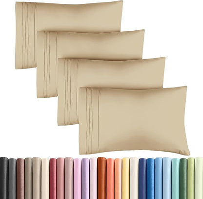 Queen Pillow Cases Set of 4 - Ultra Soft Hotel Quality Pillowcase Covers - Comfy, Cozy & Wrinkle Free - Shrinkage, Stain and Fade Resistant - Machine Washable Pillow Protectors - 4 Piece Set - Beige