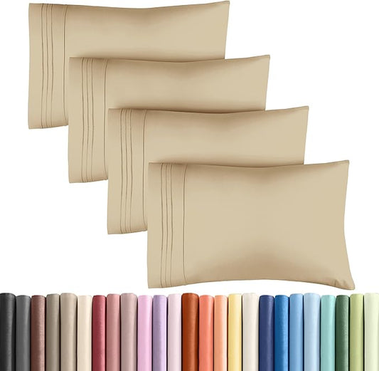 Queen Pillow Cases Set of 4 - Ultra Soft Hotel Quality Pillowcase Covers - Comfy, Cozy & Wrinkle Free - Shrinkage, Stain and Fade Resistant - Machine Washable Pillow Protectors - 4 Piece Set - Beige