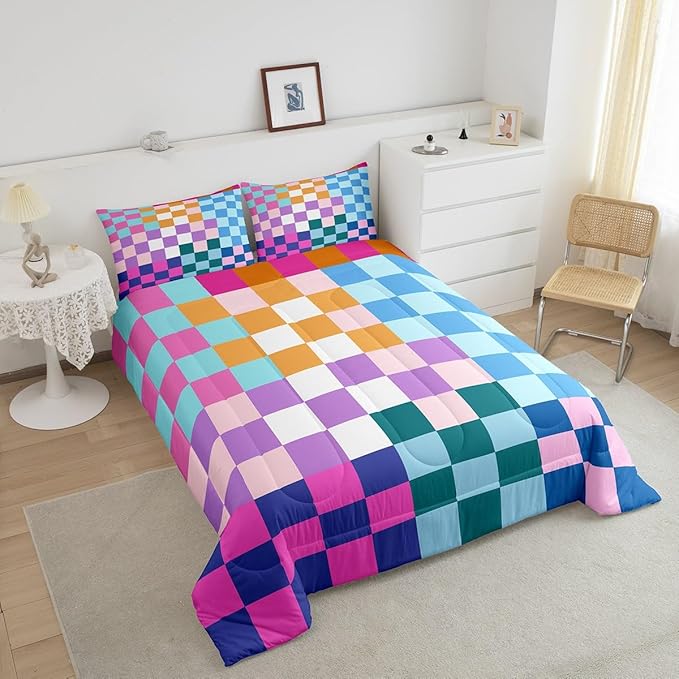 Feelyou Multicolored Checkered Retro Bedding Set Kids Boys Girls Geometric Vintage Comforter Set Full Size Rainbow Colorful Soft Duvet Insert Modern Simple Groovy Aesthetic Room Decor