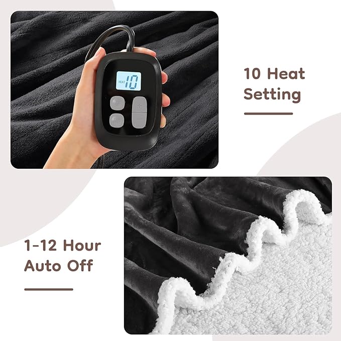 Electric Heated Blanket Twin Size 62"×84", Luxurious Breathable Flannel with 4 Heat Settings, 10-Hour Auto Shut-Off & Overheat Protection, for Bed & Couch, Cozy Gift - Iron Gray