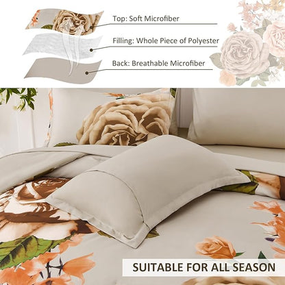 Drucon Brown Floral Comforter Set Queen, 7 Pieces Bed in a Bag Botanical Floral Comforter Soft Microfiber Brown Bedding Set Queen Size Bed with Sheet and Pillowcase