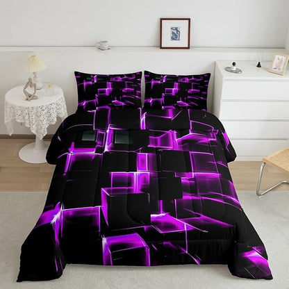 Erosebridal Purple Black Geometric Comforter Set King Size 3D Stereoscopic Square Bedding, Glowing Neon Squares Bed Set 3 Piece Gradient Grid Plaid Soft Microfiber Down Comforter