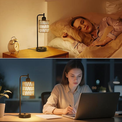 Touch Control Boho Table Lamps Set of 2, 3 Way Dimmable Desk Lamp with LED Bulbs, Rattan Bedside Lamp for Bedroom With Charging Ports and Outlet, Small Nightstand Lamp for Living Room Home Office