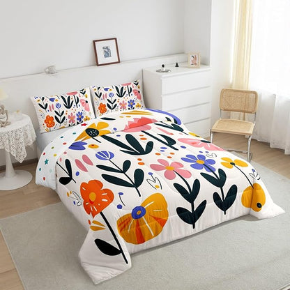 Hippie Floral Full Size Comforter Set,Vintage 70s Retro Bohemian Reversible Bedding Comforters Bedroom Decor,Groovy Flowers Plant Cartoon Sketch Breathable Polyester Bedding Set