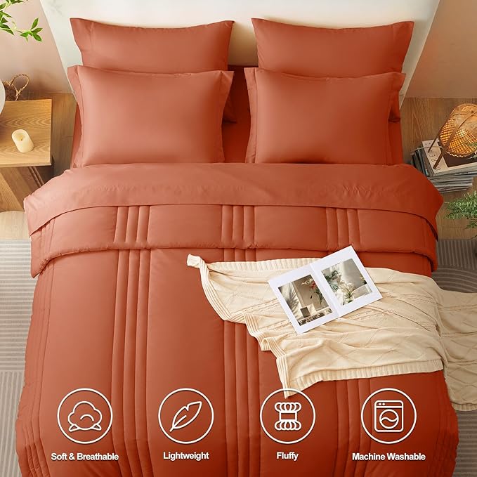 CozyLux King Size Comforter Sets - 7 Piece Bed in a Bag Terracotta Comforter Set with Sheets Bed Set All Seasons, Soft Bedding Set with Down Alternative Comforter, Sheets, Pillowcases & Shams