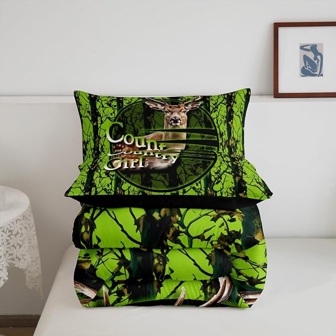 Erosebridal Deer Hunting Camo Full Comforter Set,Green Camouflage Bedding Sets for Boys Girls Kids,Rustic Lodge Cabin Quilt Bed Set,Country Hunter Room Decor with 2 Pillowcases,Breathable