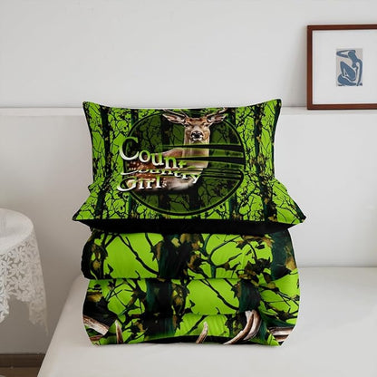 Erosebridal Deer Hunting Camo Full Comforter Set,Green Camouflage Bedding Sets for Boys Girls Kids,Rustic Lodge Cabin Quilt Bed Set,Country Hunter Room Decor with 2 Pillowcases,Breathable