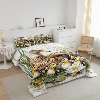 Manfei Animals Duck Twin Bedding Set,Kawaii Duck Family Comforter Set Reversible Bed Set KidsBedroom Decor,Natural Flowers Leaves 2 Pieces Quilt Set,Farmhouse Wooden Cabin Duvet Insert,1 Pillow Case