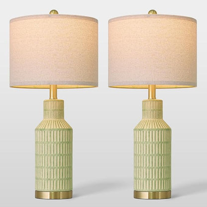 25" Green Ceramic Table Lamp - Modern Bedside Nightstand Lamp, Easy Assembly Twist Knob Switch for Bedroom Living Room Home Office Decor (Bulb Not Included)