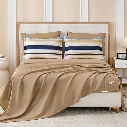 WONGS BEDDING King Size Comforter 7 Pieces, Khaki and Blue King Comforter Set with Sheets, Striped Bed in a Bag Boho Lightweight Bedding Set for All Seaon (104"x90")