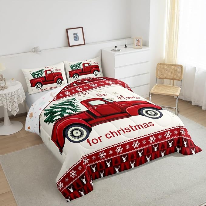 Kids Merry Christmas Bedding Set King Size, Red Truck Pine Comforter Set,Deer Snowflake Pine Plaid Quilted Duvet Cartoon Car Bedspread,2 Pillowcases (CLS56ZMDI-BZ_USk)