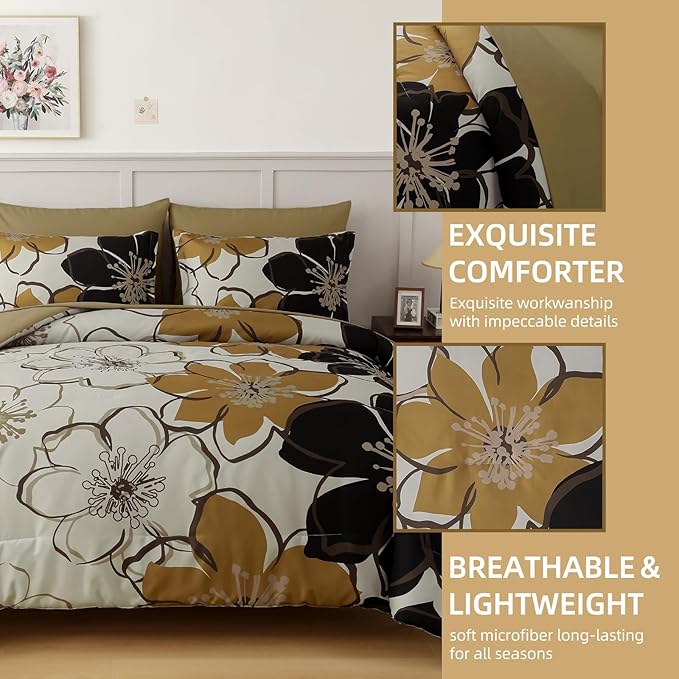 Anibedding 7 Pieces Floral Comforter Set King Size, Brown Black Flower Bedding Set Botanical Bed in a Bag Soft Microfiber Comforter Set with Sheets for All Season