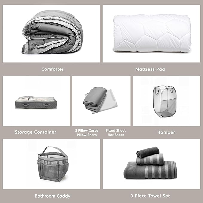Hearth & Harbor Complete Dorm Room Set, Twin XL Comforter Set, Sheet Set, Mattress Protector, Towels and Organizers - All Dorm Accessories Included