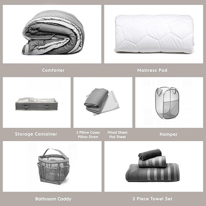 Hearth & Harbor Complete Dorm Room Set, Twin XL Comforter Set, Sheet Set, Mattress Protector, Towels and Organizers - All Dorm Accessories Included