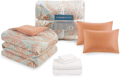 Comfort Spaces Bed in A Bag - Trendy Casual Design Cozy Comforter with Complete Sheet Set with Side Pocket, All Season Cover, Matching Shams, King(104"x90"), Gloria, Damask Coral 9 Piece