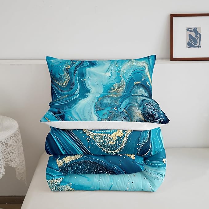 Erosebridal Marble Comforter Set,Teal Blue Marble Down Comforter Gold Liquid Quicksand Design Quilted Duvet,Turquoise Decorative 3 Piece Bedding Set with 2 Pillow Shams,Full Size