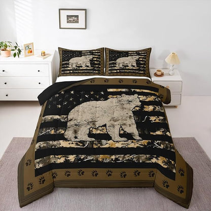 Feelyou Gray Bear Bedding Set Wild Animal Comforter Set for Kids Boys Girls Camo Tree Branches Comforter American Flag Quilt Set with 1 Pillowcase 2Pcs Bedding Toddler