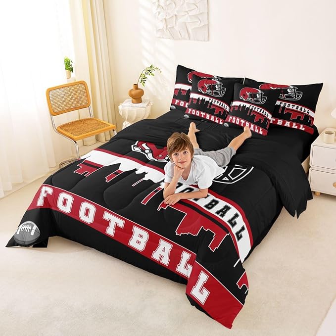 Erosebridal Football 7 Pcs Comforter Set King Football Fans Bedding for Boys Girls Football City Sheet Set Bed in A Bag Red Black Rugby Team Room Decor Sports Ball Game Duvet Insert
