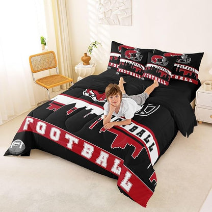 Erosebridal Football 7 Pcs Comforter Set King Football Fans Bedding for Boys Girls Football City Sheet Set Bed in A Bag Red Black Rugby Team Room Decor Sports Ball Game Duvet Insert