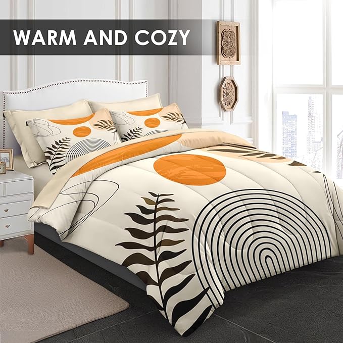 Comforter Set King Size, Mid Century Boho Orange 7 Pcs Bedding for Kids and Adults, Geometric Bed Sheet Sets with Fitted Sheet 2 Pillowcases & 2 Shams for Bedroom Bed Decor