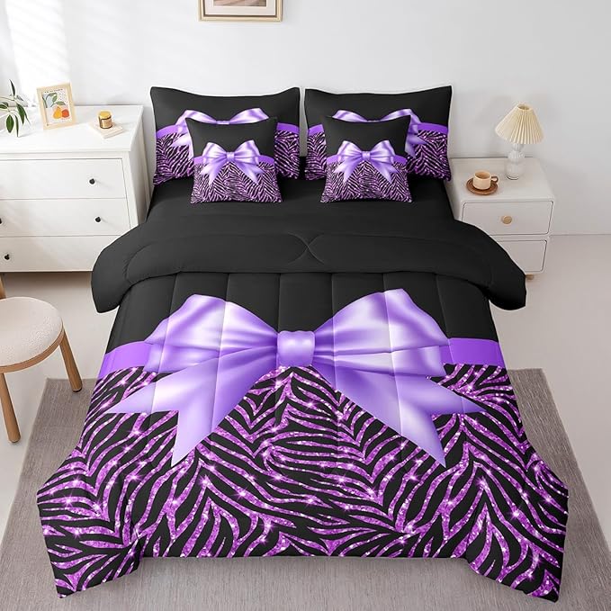 Feelyou Purple Bowknot 7 Piece Bedding Set Twin Size Glitter Print Comforter Set with Sheets for Kids Girls Adult Cute Bowknot Bed in a Bag Black Silver Bed Set