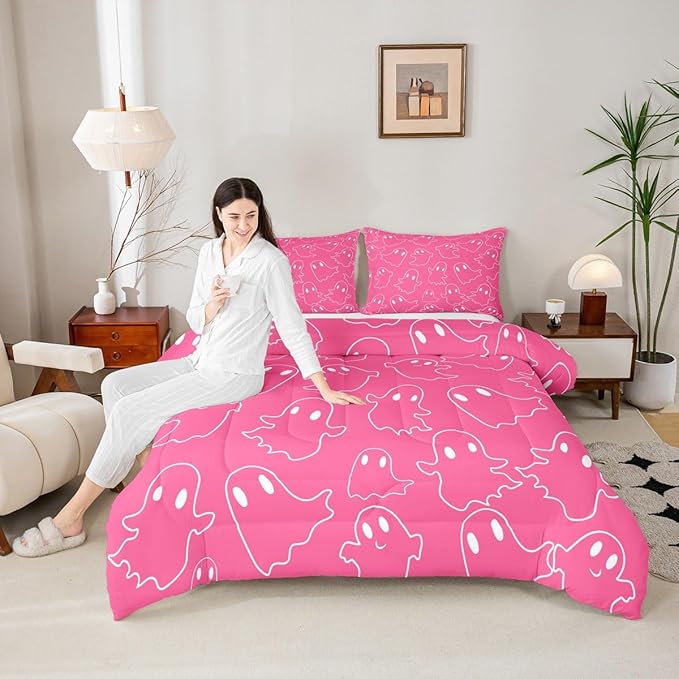 Erosebridal Girls Hallloween Ghost Bedding Set Toddler, Kawaii Ghost Comforter Set, Cute Pink Spooky Comforter for Kids Teens Women Bedroom Decor, Funny Halloween Decor Quilt