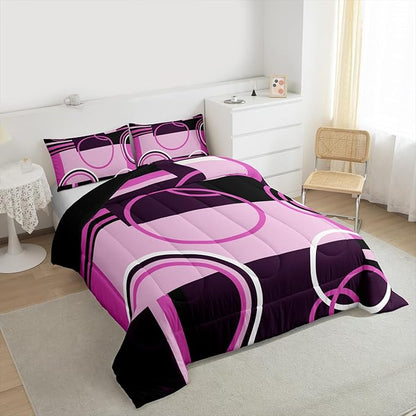 Vintage Swirls Bedding Sets King Purple Black Grey Duvet Set Retro Graphic Patchwork Quilted Comforter Soft Microfiber Down Comforter, 3Pcs