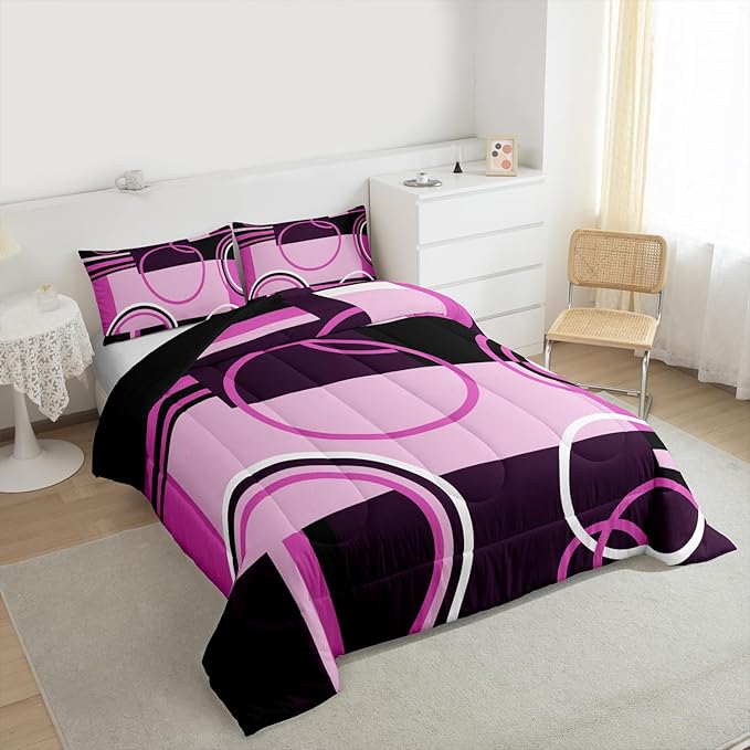 Vintage Swirls Bedding Sets Queen Purple Black Grey Duvet Set Retro Graphic Patchwork Quilted Comforter Soft Microfiber Down Comforter, 3Pcs