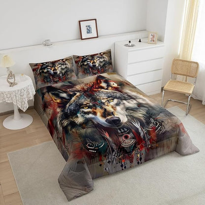 Erosebridal Hunting Wolf Twin Bedding Set,Indian Wolf Comforter Set for Kids Boys Girls Room Decor,Exotic Ethnic Tribal Quilt Set Wildlife Animal Safari Bedding Comforter Sets,1 Pillowcase