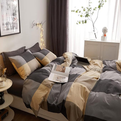 HighBuy King Size Comforter Set Khaki Plaid Comforter Sets King Gingham Checkered Grid Bedding Comforter Modern Geometric Pattern King Bed Comforter Set for All Seasons with 2 Pillowcases
