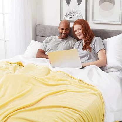 Genteele Sherpa Throw Blanket Super Soft Reversible Ultra Luxurious Plush Blanket, 90 x 90 inches, Yellow/White