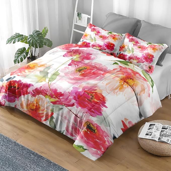Comforter Set Queen Size, Summer Flower Peony 3 Pcs Soft Bedding Set for Kids and Adults, Floral Rose Pink Comforter Set with 2 Pillowcases, for Bedroom Bed Decor