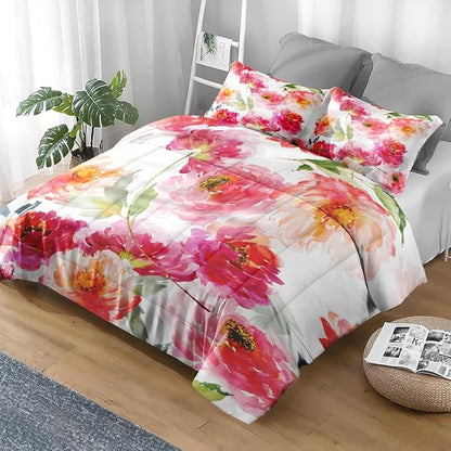 Comforter Set Queen Size, Summer Flower Peony 3 Pcs Soft Bedding Set for Kids and Adults, Floral Rose Pink Comforter Set with 2 Pillowcases, for Bedroom Bed Decor