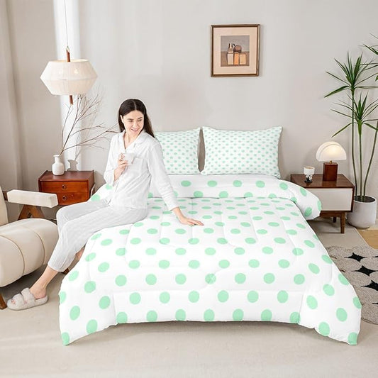 Manfei Green Polka Dots Comforter Set Full Size 3 Pcs,Geometric Circles Green White Simple Art Bedding Set,Cartoon Dots French Style Lovely Quilt Set for Teens Bedroom,2 Pillowcases