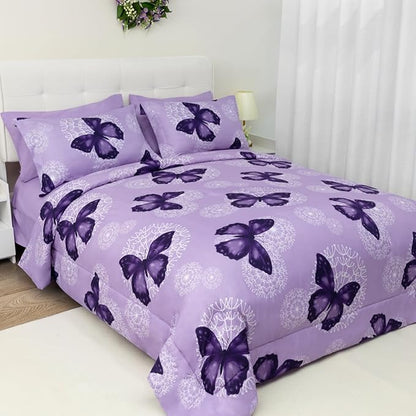 ARTALL Bed in A Bag Twin Size 6 Pieces, Purple Butterfly All Season Bedding Comforter Bed Set with Pillow Sham, Flat Sheet, Fitted Sheet, Bed Skirt, Pillowcase