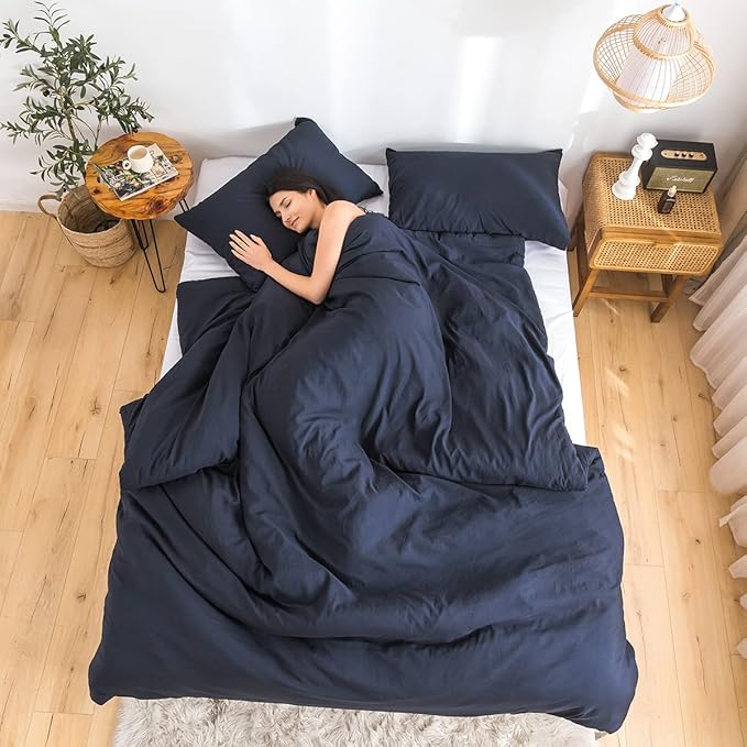 COTTEBED Dark Blue Queen Comforter Set with 2 Pillowshams, Ultra-Soft Bedding Comforter Sets for Full Bed Fluffy Washed Cotton Microfiber Alternative Down All Seasons Use (Dark Navy Blue,Full/Queen)