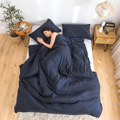 COTTEBED Dark Blue Queen Comforter Set with 2 Pillowshams, Ultra-Soft Bedding Comforter Sets for Full Bed Fluffy Washed Cotton Microfiber Alternative Down All Seasons Use (Dark Navy Blue,Full/Queen)