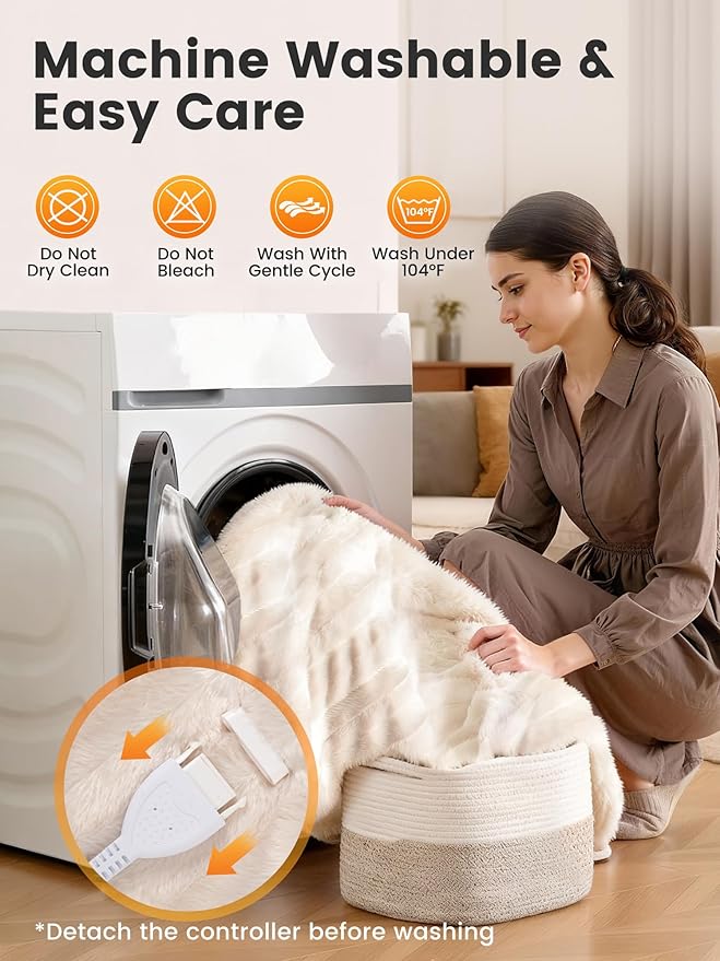 WOOMER Heated Blanket Throw 50" x 60", Electric Blanket Throw with 4 Heating Levels & 4H Auto Off, ETL Certified, White Double-Sided Velvet, Over-Heat Protect, Machine Washable