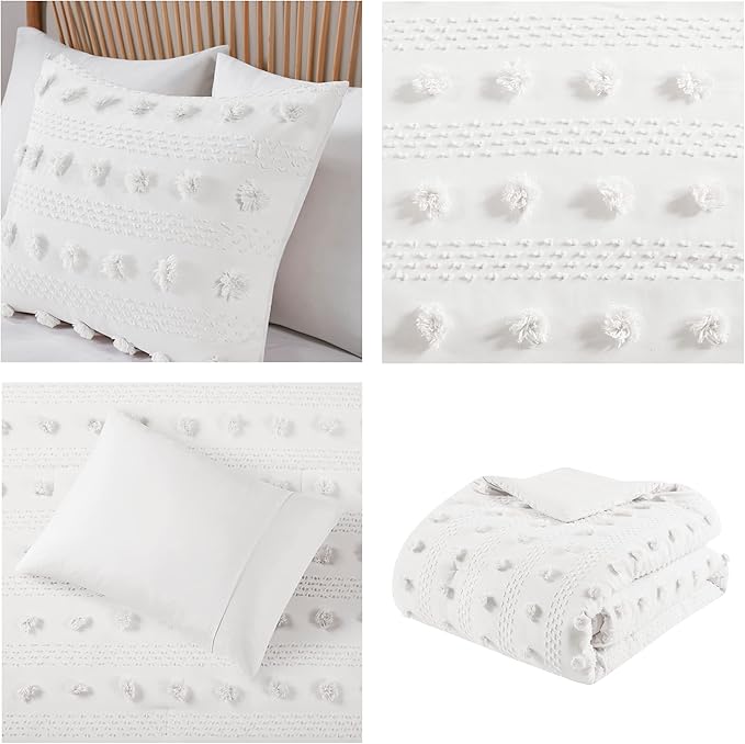 Intelligent Design Queen Comforter Set, Clipped Jacquard Comforter Set Chic Pompoms Accent, All Seasons Lightweight & Fluffy Comforter Bed Set with 2 Shams, Lucy, Full/Queen Ivory 3 Piece