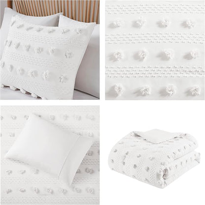 Intelligent Design Queen Comforter Set, Clipped Jacquard Comforter Set Chic Pompoms Accent, All Seasons Lightweight & Fluffy Comforter Bed Set with 2 Shams, Lucy, Full/Queen Ivory 3 Piece