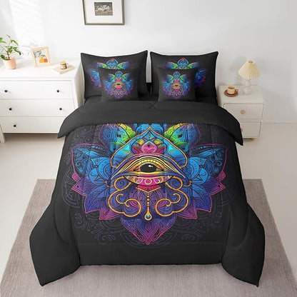 Erosebridal Hippie Hamsa Eye Bedding Set Bohemian Lotus King Size Comforter Set, Boho Mandala Bedding Comforter Sets Tribal Paisley Floral Bed in a Bag 7pcs, Black Blue Bed Set