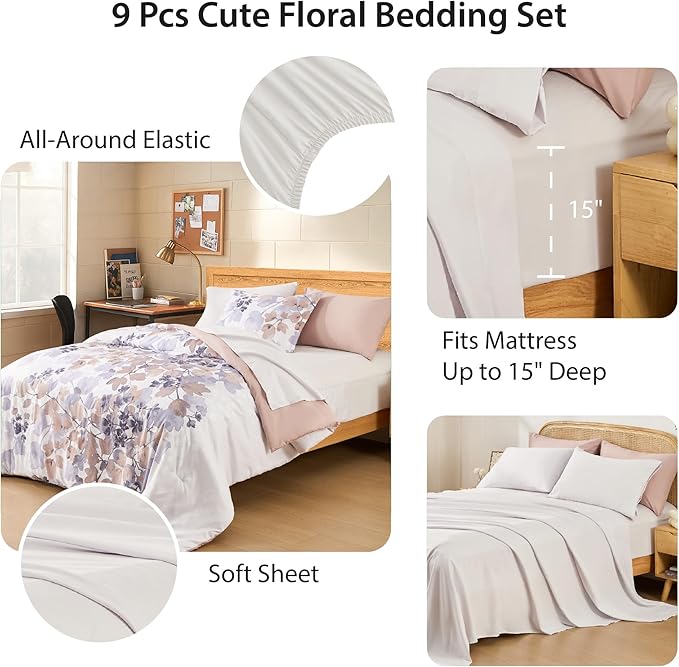 Queen Comforter Set Terracotta Bed Set, 9 Pieces Cute Floral Bedding Set Ultra Soft Botanical Flowers Comforter, Sheets, Pillowcases & Shams