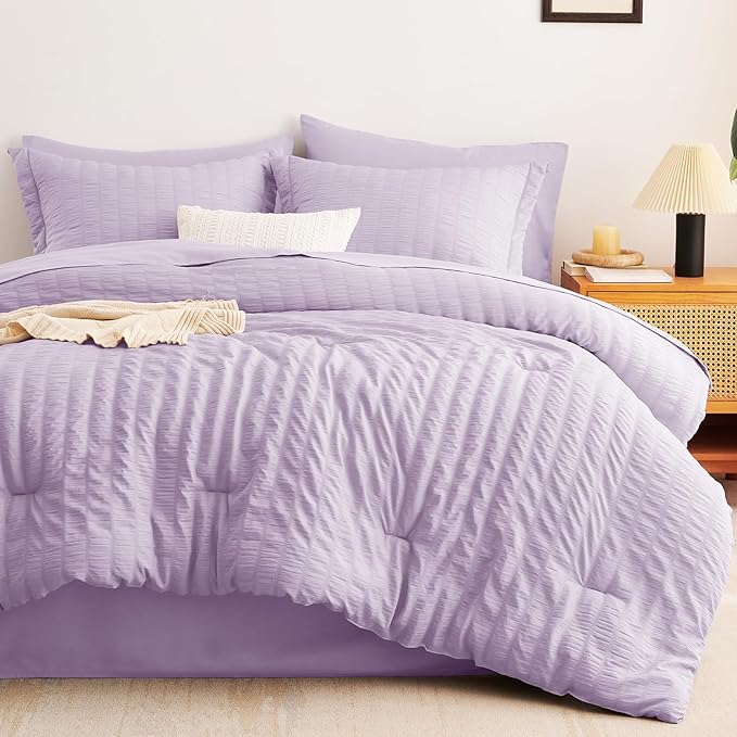 CozyLux Queen Seersucker Comforter Set with Sheets Light Purple Bed in a Bag 7-Pieces All Season Lavender Bedding Sets with Comforter, Pillow Sham, Flat Sheet, Fitted Sheet, Pillowcase