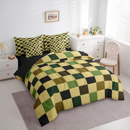 Checkered Retro Comforter Set Full Size 7 Pieces Hunter Green Plaid Bedding Set for Kids Boys Girls Geometric Camo Army Bed in a Bag Modern Hunting Groovy Aesthetic Bedroom Decor Quilted Lightweight