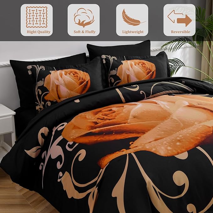 Xruibed Floral Comforter Set King 7 Piece Bed in a Bag Orange Rose Flower Comforter with Sheet Set Soft Micorfiber Bedding Set (1 Comforter,2 Pillow Shams,1 Flat Sheet,1 Fitted Sheet,2 Pillowcases)