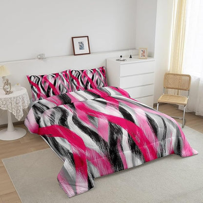 Erosebridal Geometric Stripes Comforter Queen Modern Abstract Comforter Set Grey Black Hot Pink Bedding Set for Kids Girls Teen Women Swirl Lines Quilt Duvet Room Decor 3 Pcs